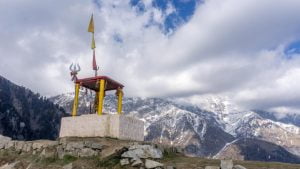 Trishul shrine overlooking the Dhauladhar mountain range in Himachal Pradesh