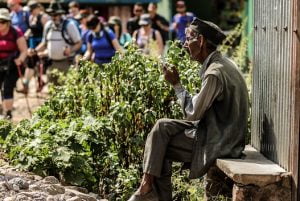Elderly Gaddi man resting on a bench in a Himachali village