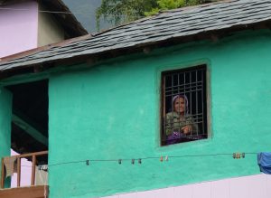 Local Himachali woman smiling from the window of a green-painted traditional house in a Himalayan village