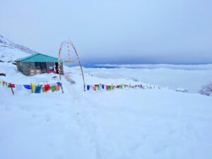Snow-covered Himalayan landscape with prayer flags during trekking in Dharamshala
