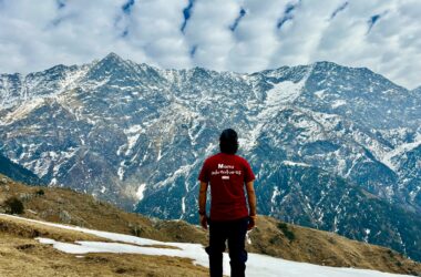 Trekking group at Indrahar Pass with snow-covered peaks in the background