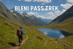 Hiker trekking along alpine trail toward glacial lake on the Bleni Pass Trek in Himachal Pradesh