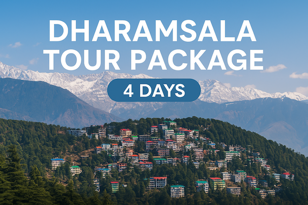 Dharamsala hill station view with colorful houses and snowy mountains – 4-day tour package