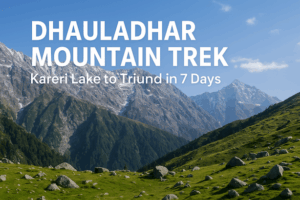Dhauladhar Mountain Trek – Scenic view from Kareri Lake to Triund with snow-capped peaks and green meadows.