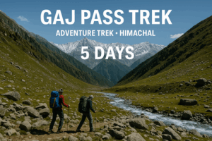 Trekkers on Gaj Pass trail in Himachal Pradesh with alpine stream and snow-covered mountains