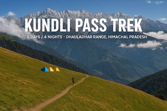 Scenic view of Kundli Pass Trek trail with tents, hiker, and Dhauladhar snow peaks in Himachal Pradesh
