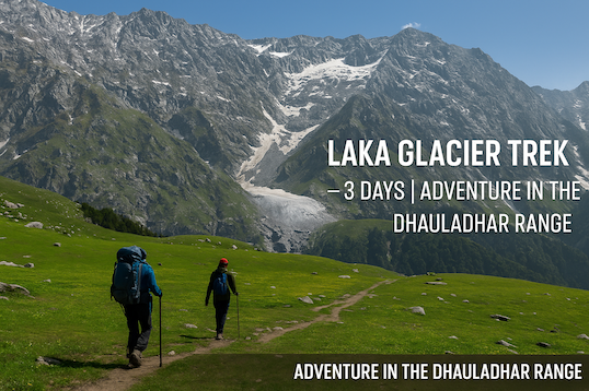 Trekkers approaching Laka Glacier in Himachal with mountain and glacier backdrop