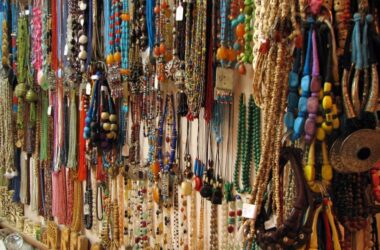 Colorful handmade jewelry and beaded necklaces at McLeod Ganj Market in Dharamsala