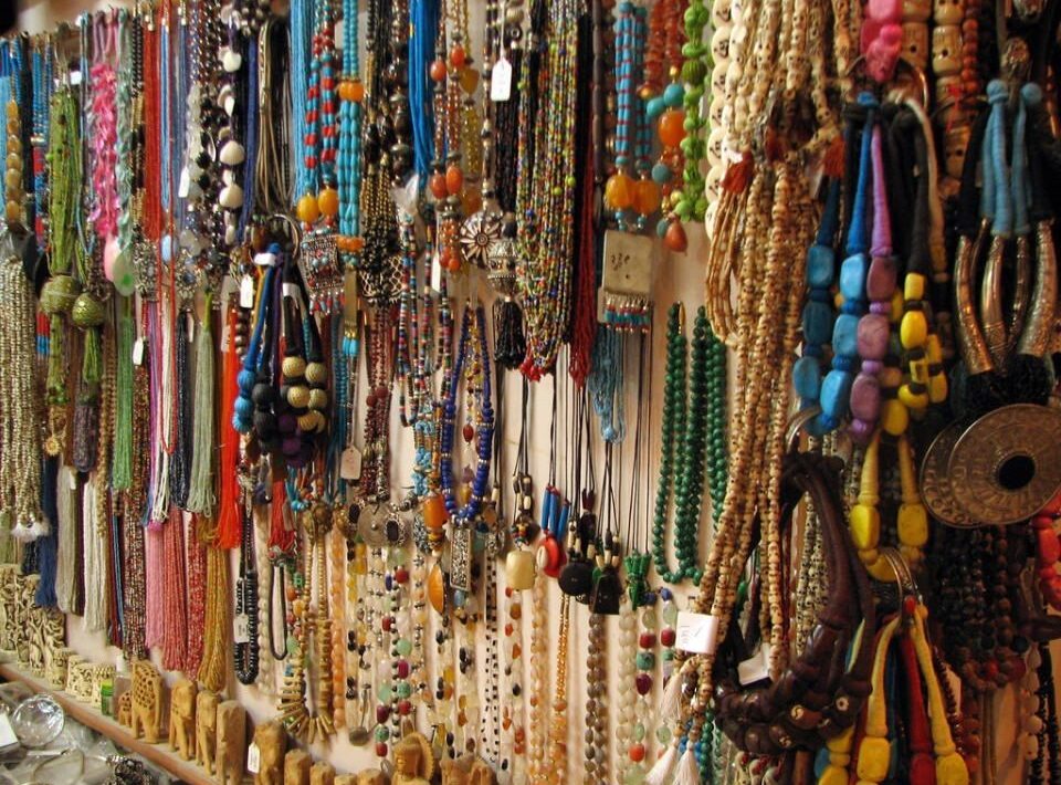 Colorful handmade jewelry and beaded necklaces at McLeod Ganj Market in Dharamsala